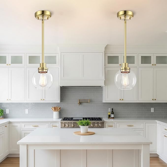 2 Pack Globe Pendant Light Gold Mid Century Modern Light Fixture, Clear Glass Pendant Lights Kitchen Island Pendant Lights Brushed Brass Finished with Clear Glass Lampshade