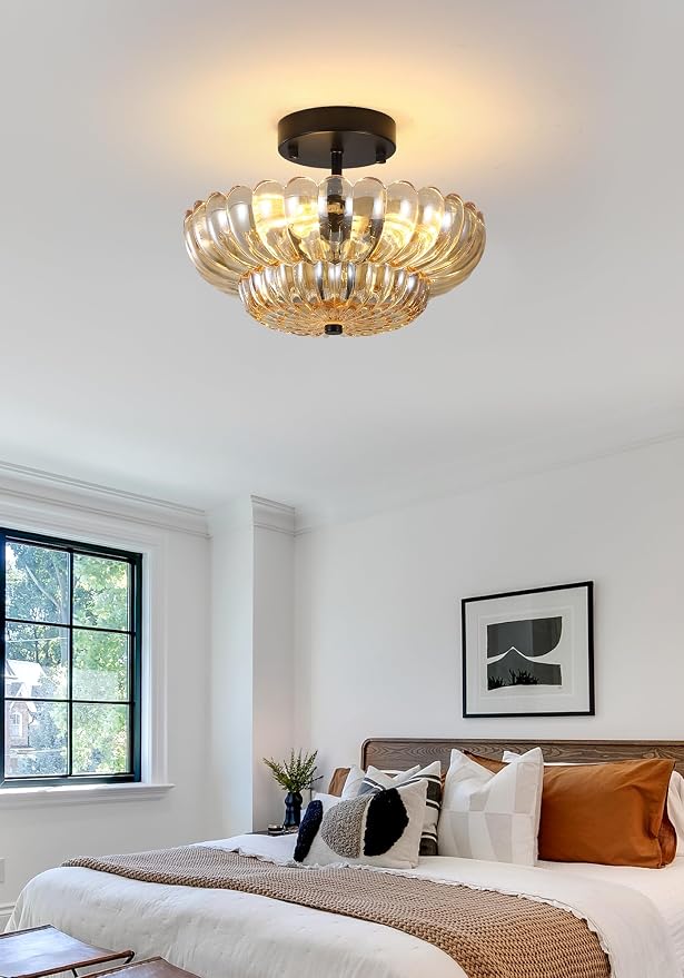 Semi Flush Mount Ceiling Light, Vintage Black Close to Ceiling Light Fixture with Glass Shade, Mid Century Modern Lighting for Bedroom Hallway Kitchen Laundry-Amber