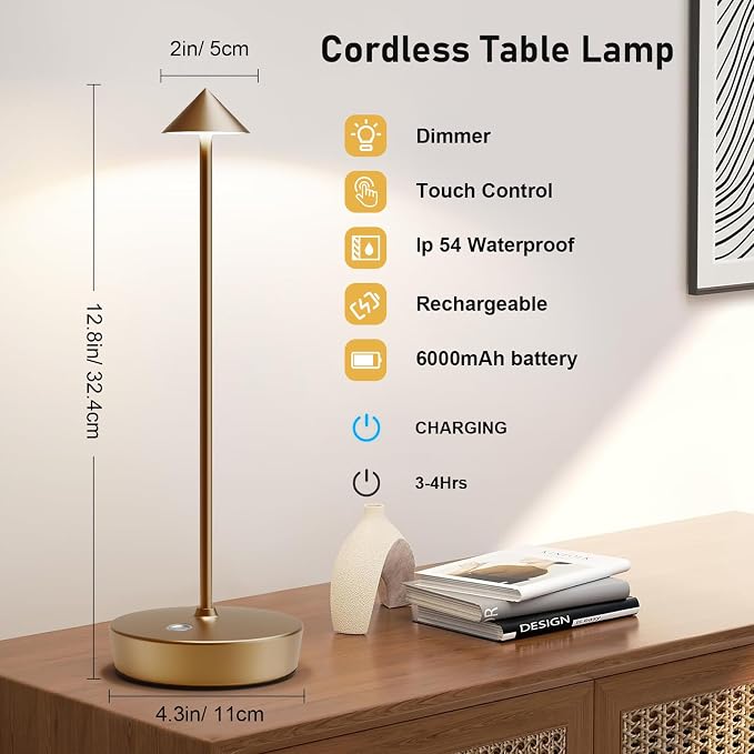 Set of 2 Cordless Rechargeable Led Table Lamp Battery Operated Light Bronze | 6000mAh Touch 3 Color Dimming Portable Metal Outdoor Waterproof Light for Patio/Restaurant/Dining/Home