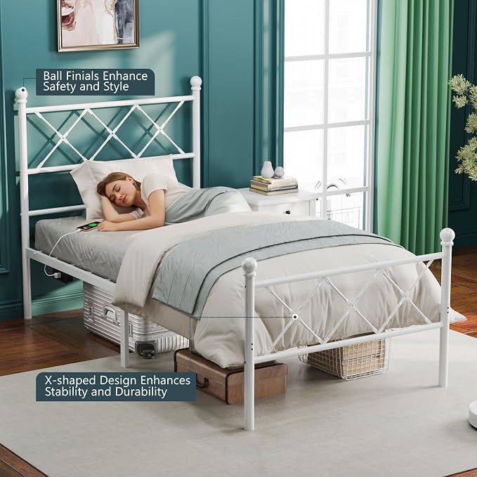 VINGLI Twin Bed Frame with LED Lights & Charging Station, Metal Platform Bed Frame with Headboard, USB Ports, Under Bed Storage, Noise Free, No Box Spring Needed, Easy Assembly, White