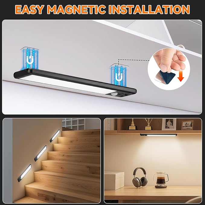 Under Cabinet Lighting Wireless, 15inch Motion Sensor Light, 3Pack-Black | Rechargeable, 3 Color Temps, Dimmable, Power Display, LED Closet Light Magnetic, Under Counter Lights for Kitchen Shelf Home