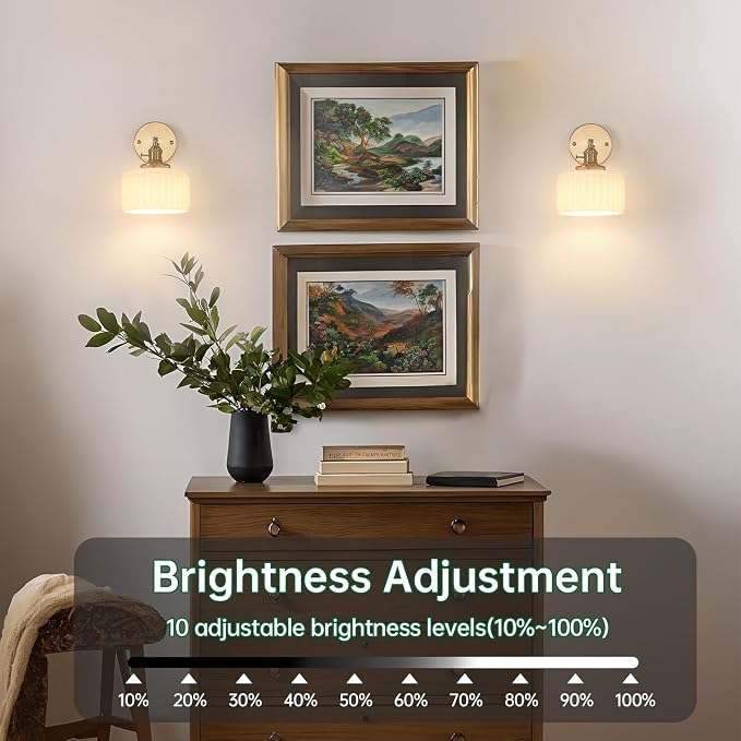 Shenmoyl Vintage Battery Operated Wall Sconce with White Striped Glass Lampshade 5000 mAh Rechargeable Battery Powered Wall Light with Remote Control for Bedside Bedroom Doorway, Set of 2