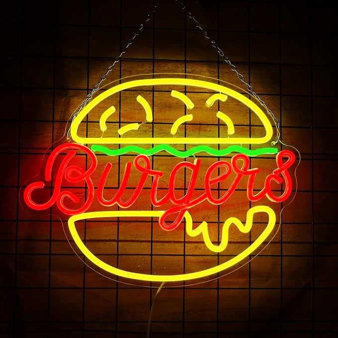 Hamburger Neon Sign USB Powered Wall Decor | Adjustable Brightness, Energy Efficient, 3D LED Light, Restaurant Bedroom Cafe Kids Room, 12.8x16.7in