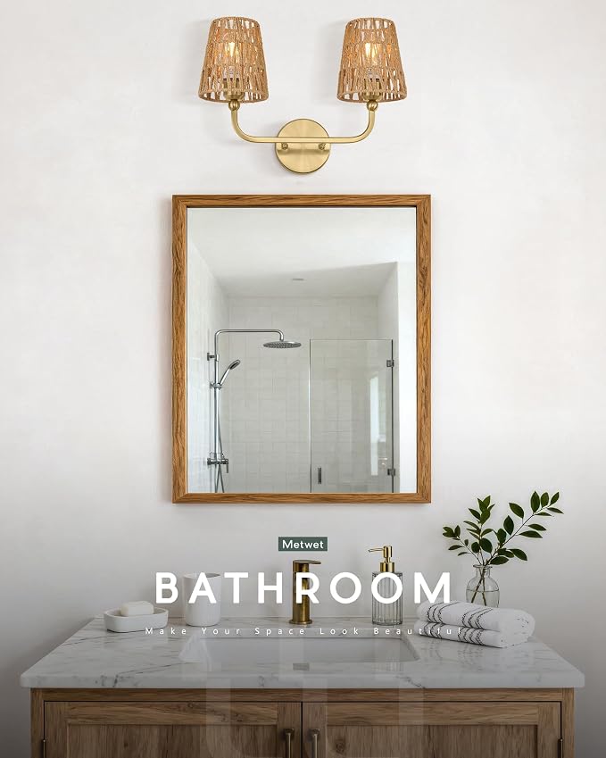 2-Light Brushed Gold Bathroom Vanity Light, Handwoven Rattan Shades | Ideal for 20-28" mirrors, 17" double wall sconce, upward only, E26 base, hardwired, bulbs not included, VL837-BG-RA-2-S