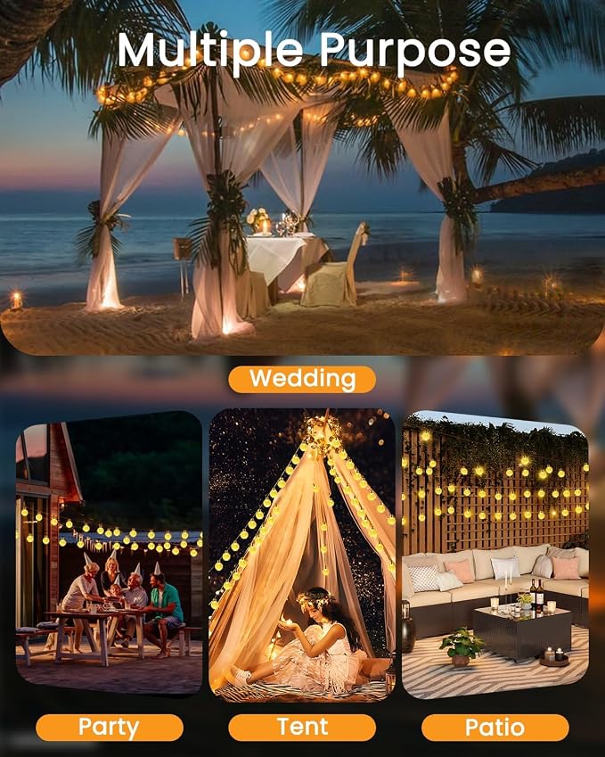 LORRYTE Solar String Lights Outdoor 32FT 50 LED Patio Lights, Warm White | Crystal Globe, IP65 Waterproof, Auto On/Off, 8 Modes Solar Powered Light for Outside Garden Yard Wedding Porch Party Decor