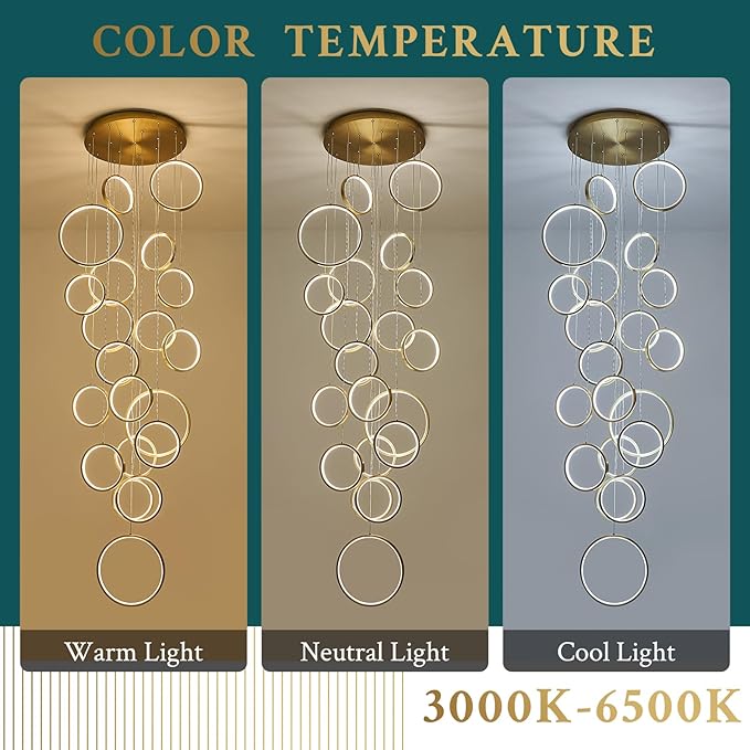 20 Rings Modern LED Chandelier for High Ceiling Dimmable Gold Contemporary Foyer Long Chandelier for Entryway, Long Pendant Light Fixture Staircase Dining Living Room, 3000-6500K