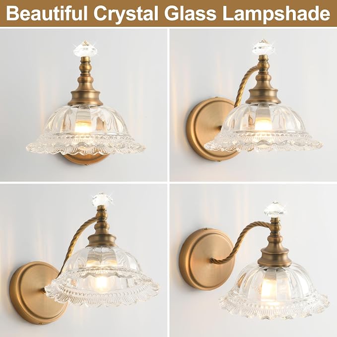 Vintage Bathroom Vanity Light Fixtures, with Floral White Glass Shade, 1-Light Brass Light Fixtures Over Mirror Mid Century Farmhouse Wall Mount Lighting for Bedroom, Living Room, Hallway