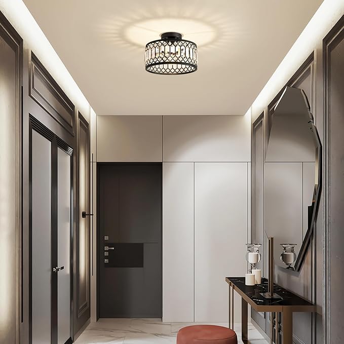 Crystal Black Ceiling Light, Modern Semi Flush Mount Ceiling Lighting Fixture, Round Hallway Lighting Fixtures for Kitchen Entryway Bedroom Laundry Room, 1-Light, 11.4 Inch
