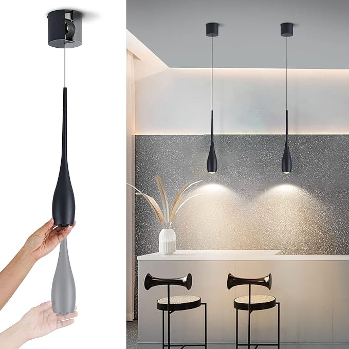 Black Pendant Light for Kitchen Island, LED Dimmable Pendant Light fixtures, Small Modern Industrial Adjustable Cord Hanging Pendant Light for Over Sink, Bar, Dining Room, Bedside