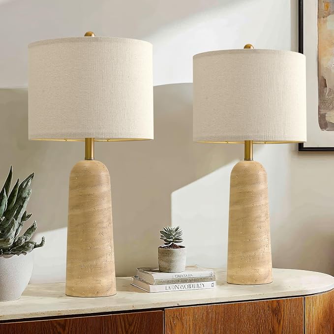 BOBOMOMO Modern Table Lamp Set of 2, Warm Beige Resin Lamp with Natural Stone Look, 27.25" Lamps for Living Room with Linen Shades, Bedside Lamp for Bedroom, Living Room, Nightstand, Entryway
