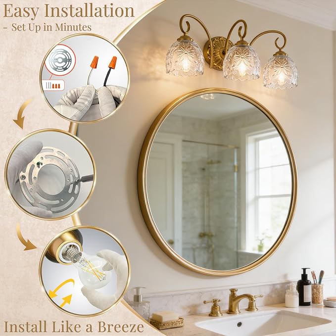 Hamilyeah Gold 3-Light Vanity Bathroom Light Fixtures Over Mirror, Vintage Vanity Lights Wall Sconce Light Fixture for Bathroom Vanity, Bedroom, Hallway, Farmhouse Bathroom Lighting