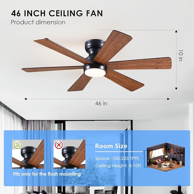 Asyko 46"Brown 6-Blade Modern Low Profile Ceiling Fan with Light and Remote | 6 Double-Sided Blades,6 Wind Speeds, Reversible,Dimmable 3 CCT LED Light, 25W Quiet DC Motor,1/2H Timer,for Bedroom Kitchen