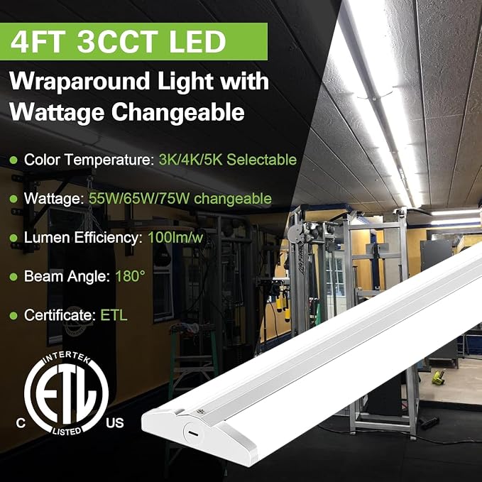 hykolity 4FT 5''W LED Wraparound Light with 3 Wattages/3 CCT Selectable | 55W-75W, 3000K-5000K, 5500LM-7500LM, No Glare, Flush Mount Ceiling Light for Office Kitchen, Laundry Room, ETL, 4 Pack