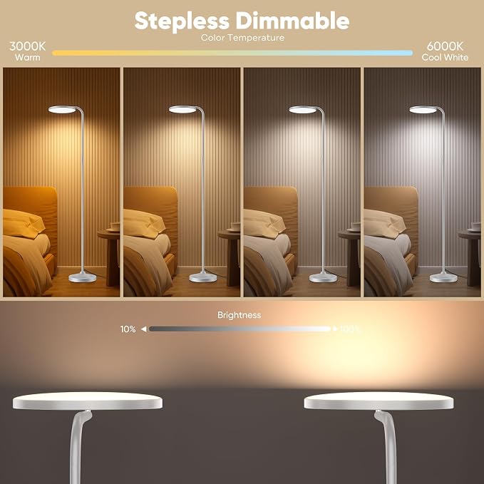 36W LED Floor Lamp, Super Bright Standing Lamp, Modern Stepless Dimmable Torchiere Tall Lamp with Remote Control, 350°Rotating Head Reading Floor Lamp for Living Room, Bedroom, Office