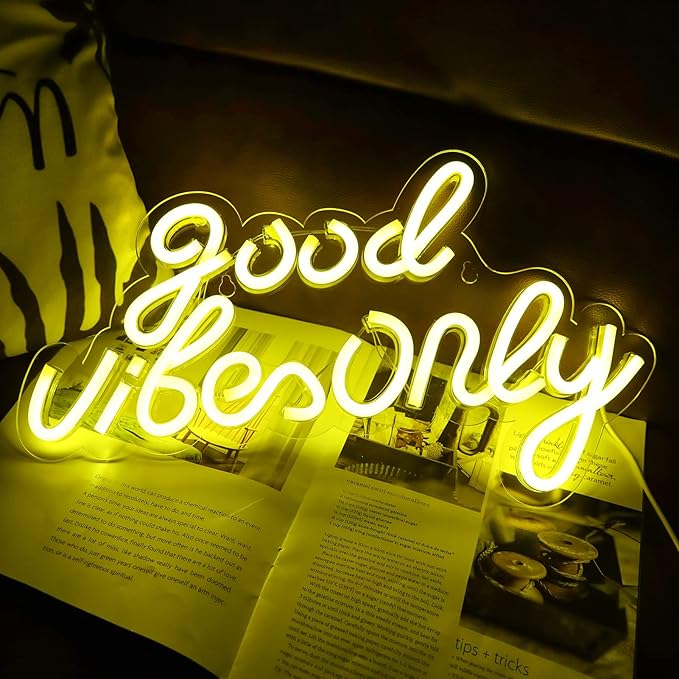 JFLLamp Good Vibes Only Neon Signs for Wall Decor Neon Lights Led Signs Suitable for Living Beer Bar Game Room Hotel Birthday Party Restaurant Christmas Unique Gift for Lover, 16.5 * 10 Inch(Yellow)
