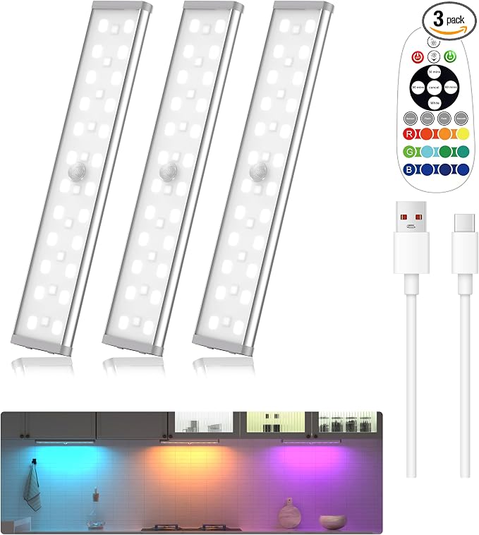 Under Cabinet Lighting Wireless,58 LED Motion Sensor Light Indoor Night Lights with Remote,Rechargeable RGB Under Cabinet Lights Bar,Dimmable Under Counter Lighting for Kitchen,Shelf(3Pack)