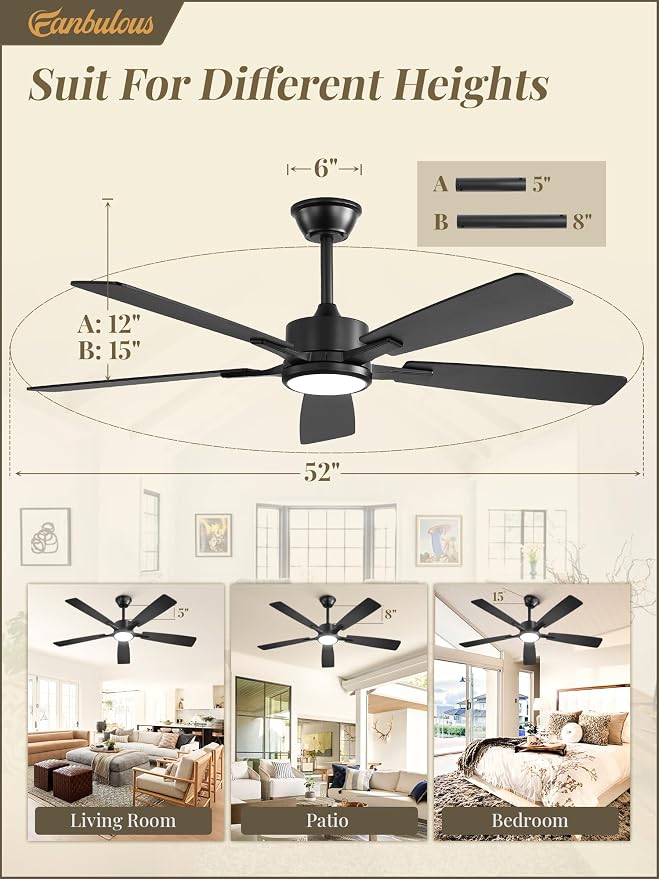 Fanbulous 52 Inch Ceiling Fans with Lights, Black, Remote & APP Control | Stepless CCT & Dimmable Light, 20W LED Ceiling Fan, 6 Speeds, Reversible Quiet DC Motor, for Bedroom, Living Room, Apartment