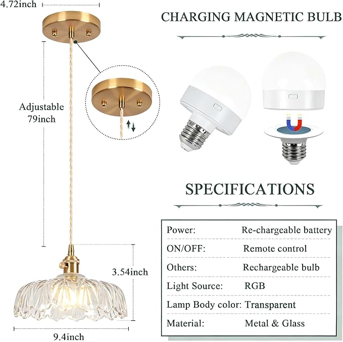 Battery Operated Pendant Light,Vintage Light Fixtures RGB Light Bulb 2500mAh 9.4in Transparent Modern Chandelier with Remote Control Wireless Adjustable Rechargeable Chandelier for Kitchen Island 1PCS