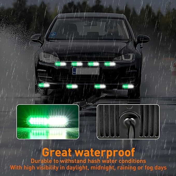 Nilight 8PCS Led Strobe Lights 12LED Green White Emergency Light 12V 24V Surface Mount Flashing Warning Hazard Beacon Lights Ultra Slim Sync Feature Mini Grille for Cars Trucks Off Road Vehicles SUV