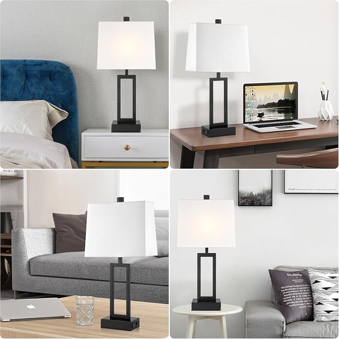 23.5" Touch Control Table Lamps Set of 2, Bedside Lamp with 2 USB Ports & AC Outlet, 3-Way Dimmable Nightstand Lamp with White Linen Shade for Living Room Bedroom End Table Office(2 LED Bulb Included)