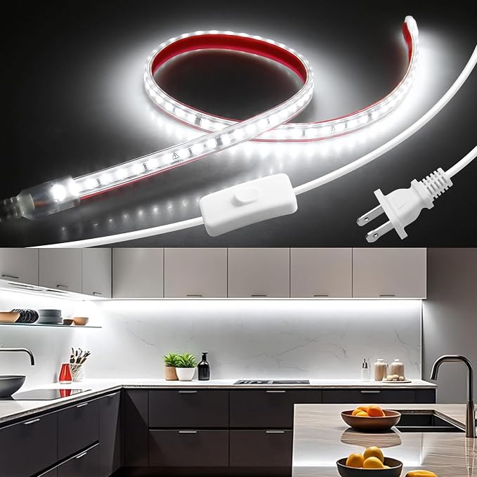 24in Under Cabinet Lighting Strip Plug in with Switch Self-Adhsive Waterproof AC 110V Led Strips Light Outdoor Daylight White 120LED/M Super Bright Flexible LED Tape lights for Bedroom Kitchen Counter