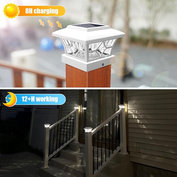 VOLISUN Solar Fence Post Cap Lights, Cool/Warm Modes Outdoor 4Pack, White | Solar powered waterproof deck lights fit 4x4 wooden & vinyl posts, ideal for garden, patio, porch landscape decoration