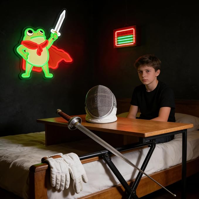 Frog Neon Sign, Frog with Sword LED Neon Lights Signs for Game Room Decor | UV-Printed Frog Warrior Art with Adjustable Brightness for Man Cave,Game Rooms,Bedrooms,Bar,and Frog Lover Gifts-USB Powered
