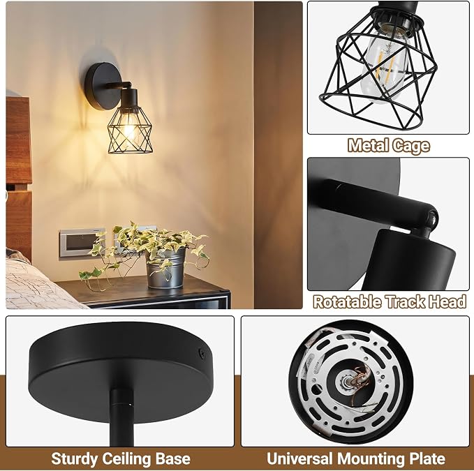 LOUSACE Black Track Lighting Fixture, 1-Light Adjustable Spot Light Fixture with Metal Wire Cage for Ceiling Bedroom Bedside Hallway, E26 Base