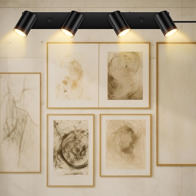 Plug in Track Lighting, LED Track Light Kit, Black 4-Light Track Lights for Kitchen, 15 FT Cord,23" Ceiling Spotlight, Rotatable Wall Mount Light Head for Bedroom Hallway Living Room