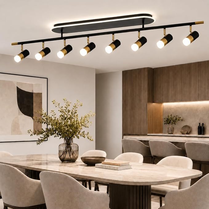 Jaycomey 8-Light LED Track Lighting Fixtures Ceiling, 74W Dimmable Ceiling Spotlights with Remote, 3000K-6500K Adjustable Modern Ceiling Light for Living Room, Dining Room, Bedroom, Black Gold