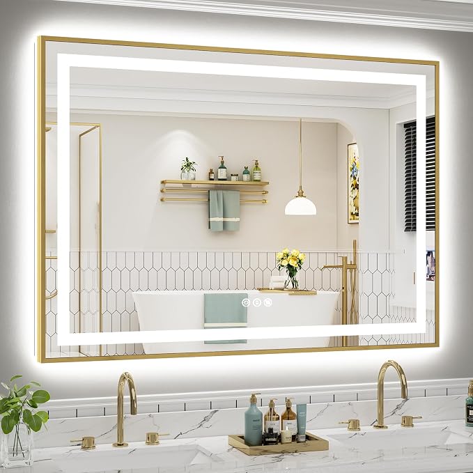55x40 Inch LED Bathroom Mirror with Gold Frame, Backlit & Front Lit | Anti-fog, 3 Color Dimmable, Memory Function, HD Reflection Tempered Glass, ETL Listed, IP54 Waterproof
