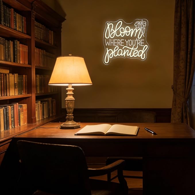 Bloom Where You’Re Planted Neon Sign, Inspirational Neon Light USB Powered LED Flower Sign Dimmable, for Office Motivational Graduation Gift Bedroom Room Living Room Library(12.9 * 12.9 In)
