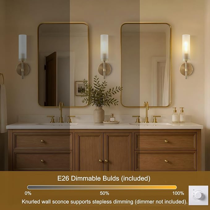 15" Hardwired Frosted Glass Bathroom Wall Sconces, Handmade Knurled Brass Wall Light Fixture,Modern Vanity Light for Living Room,Hallway, Bedroom, Indoor Sconces