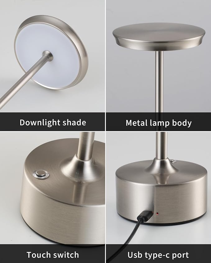 PUSU Rechargeable Table Lamps Set of 2, Nickel Cordless Portable Desk Lamp | 4000mAh Battery, Stepless Dimming & 3 Color 2700K-6000K, LED Lamp for Bedroom, Living Room, Restaurant, Outdoor, Night Light