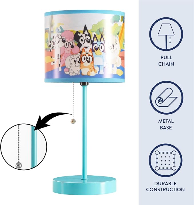 Bluey Table Lamp for Kids,Stick Lamp with Printed Shade & Pull Chain,Bedroom or Nursery Nightstand Lighting,Official Bluey Merchandise