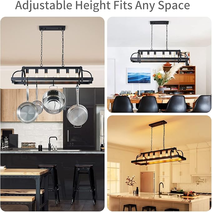 WUZUPS 6-Light Metal Pot Hanging Rack Chandelier Linear Pendant Ceiling Lighting Rustic Farmhouse Fixture Kitchen Island Dining Room, H 9.8" L 40.6" W11.8, E26 Base, Black