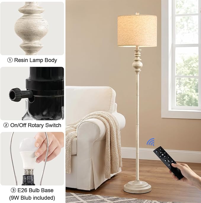 BOBOMOMO 64.25" Farmhouse Floor Lamp with Remote, Dimmable Floor Lamp with Adjustable Color Temperatures, Tall White Standing Floor Lamps for Living Room Corner, Bedroom & Nursery, 9W Bulb Included