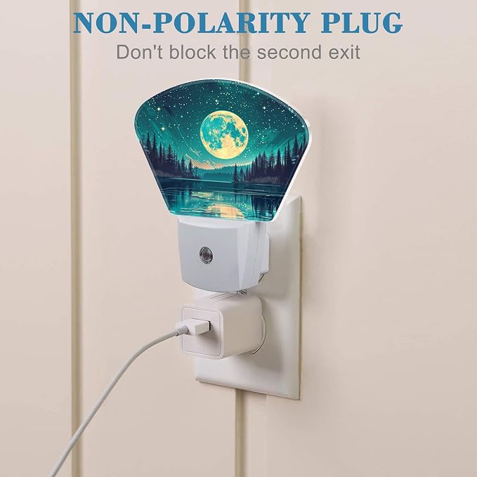 Fantasy Lake Forest Plug in Night Lights, Full Moon in Starry Sky Nightlight Plug Into Wall Dusk to Dawn Sensor for Kid Girls Boys Women Men Room, Hallway, Kitchen, Bathroom, Stairs Decor