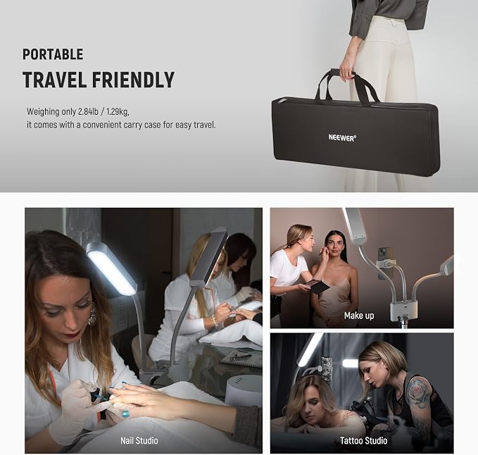 NEEWER Esthetician Light with Phone Holder & Travel Bag Kit, Support 2.4G/PC/MAC Control & Separate Control of 2 LED Light Heads, CRI98+ Bi Color Stepless Dimmable Tattoo Lighting Lash Lamp, BH40B
