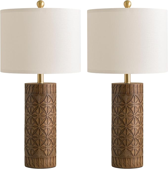 BOBOMOMO 27" Tall Table Lamps Set of 2, Modern Farmhouse Geometric Bedside Lamps, Rustic Wood Grain Resin Nightstand Lamps for Living Room, Bedroom, Entryway, Linen Shade, Cottage Home Decor