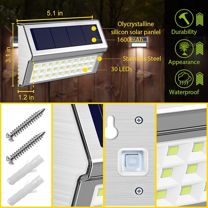 ROSHWEY Solar Lights Outdoor 6 Pack 30 LED Deck Lights Solar Powered Waterproof Outside Stair Light Fence Post Lamp Outdoor Decor for Patio Step Pool Yard Walkway, Cool White Light
