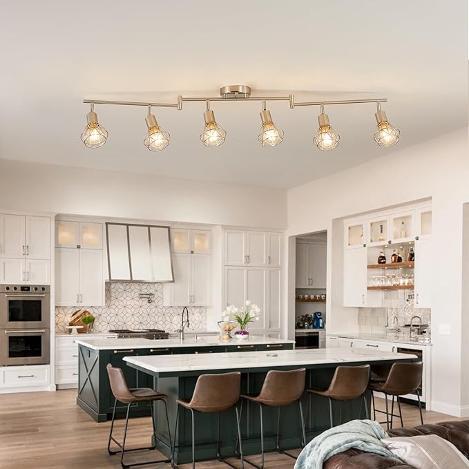 6-Light Farmhouse Track Lighting Fixtures Ceiling with Flexibly Rotatable Light Heads – Kitchen Lights Ceiling Mount for Kitchen, Dining Room (E26 Base) Kitchen Lighting Fixture