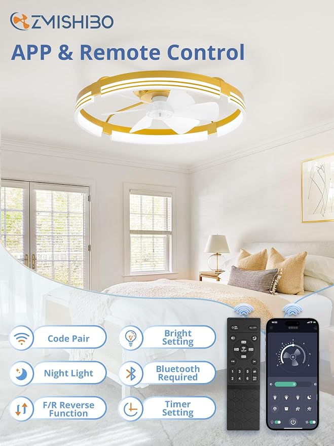 ZMISHIBO Low Profile Ceiling Fans with Lights and Remote, 24" Gold | 3000K-6000K Dimmable Fandelier LED, Flush Mount, 6 Wind Speeds, Reversible, Timer, Bedroom, Living Room, Kitchen, Kids Room