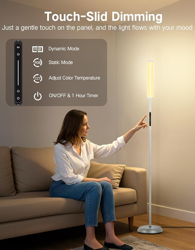 OUTON Bright Smart Floor Lamp with Remote, App & Touch Control, RGB Color Changing Standing Lamp, 2200K-6500K Dimmable, 3 Adjustable Heights, 32 Scenes for Living Room Bedroom Office,Grey