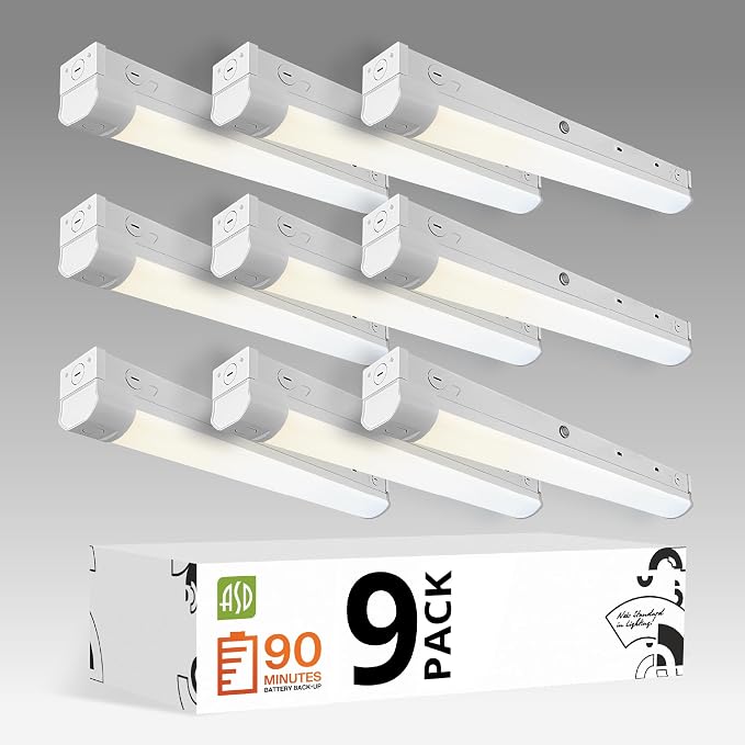 ASD 2ft LED Linear Strip Light Fixture with Emergency Battery Backup & Q-Base | 15W-25W 120-277V 3000K-5000K Adjustable Linkable LED Shop Light | UL DLC Stairwell Certified Luminaire, 9 Pack