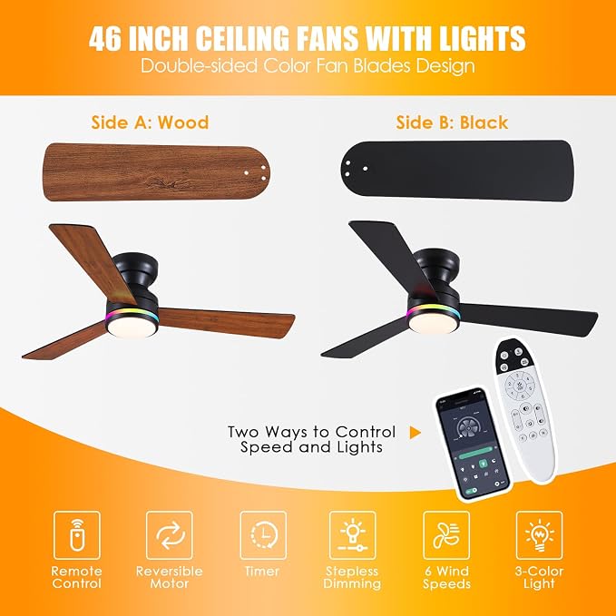 46" 3-Blade Brown Low Profile RGB Ceiling Fan with Light and Remote/APP | 11 RGB Modes,Reversible 6 Wind Speeds,Dimmable 3 CCT LED, 25W Quiet DC Motor,Timer,6 Double-Sided Blades,for Kidsroom Party