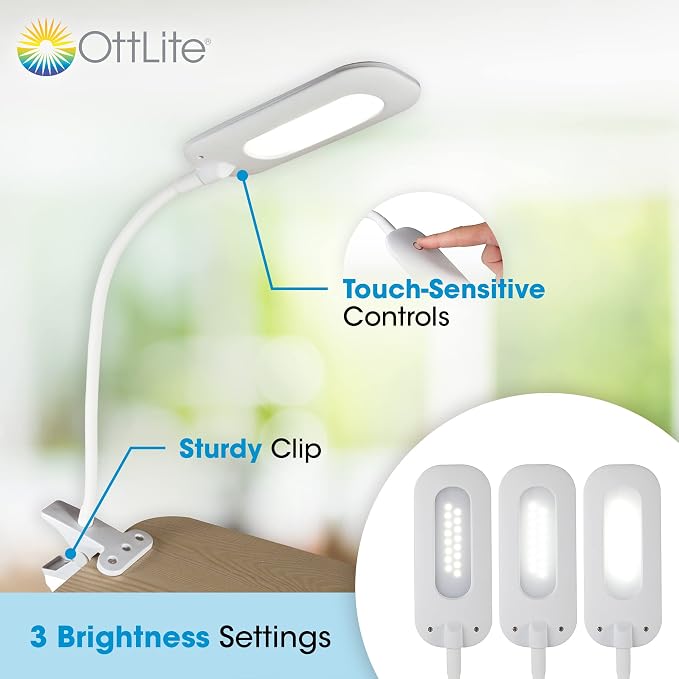 OttLite Soft Touch LED Clip Lamp, 3 Brightness Settings, White | ClearSun LEDs Reduce Eyestrain | Sturdy Spring-Loaded Clip | Flexible Neck | Touch-Activated Controls