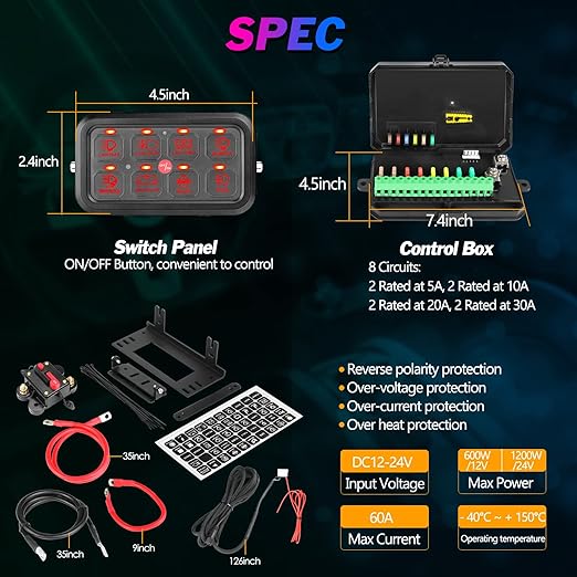 RGB 8 Gang Switch Panel Bluetooth 8 Switch Pods Relay System Box Multifunction 3 Modes Toggle Momentary Pulsed Dimmable Touch Switches for Trucks RV Boat Off Road ATV UTV SUV RZR Boat