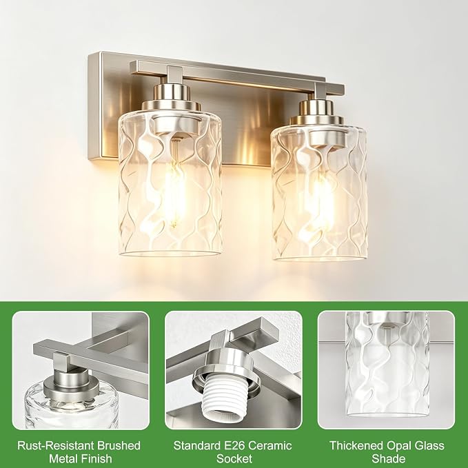 Modern Bathroom Lighting Fixtures Over Mirror, Vanity Lights for Bathroom, Wall Sconces with Clear Glass Shades, E26 Ceramic Socket, 2-Light 14-inch Brushed Nickel
