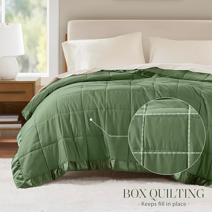 Madison Park Twin Blanket Quilted Microfiber, Satin Binding, 3M Scotchgard Moisture Wicking Treatment, Soft and Lightweight Summer Blanket for Couch, Windom, Twin, Green